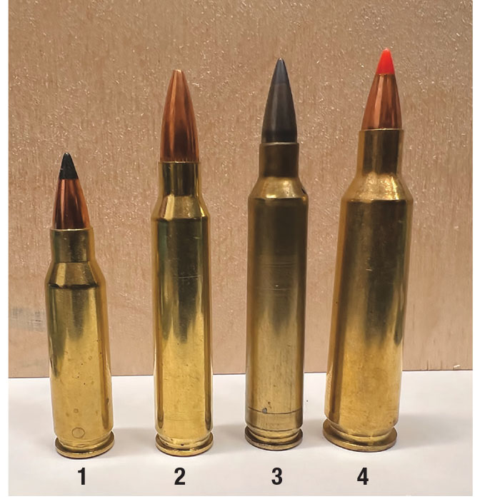 The lineup of varmint cartridges in comparison to the 221 Fireball: (1) 221 Fireball Nosler 40-grain flatbase tipped, (2) 223 Remington Nosler 62-grain flatbase hollowpoint, (3) 204 Ruger Hornady 32-grain V-MAX molly-coated and (4) 22-250 Remington Hornady 55-Grain V-MAX.
